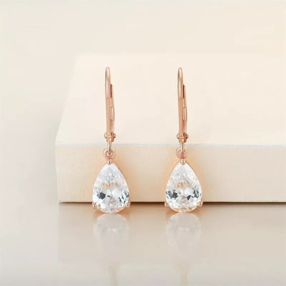 New Womens Drop Cubic Zirconia Rose Gold Leverback Earrings - Picture 1 of 3